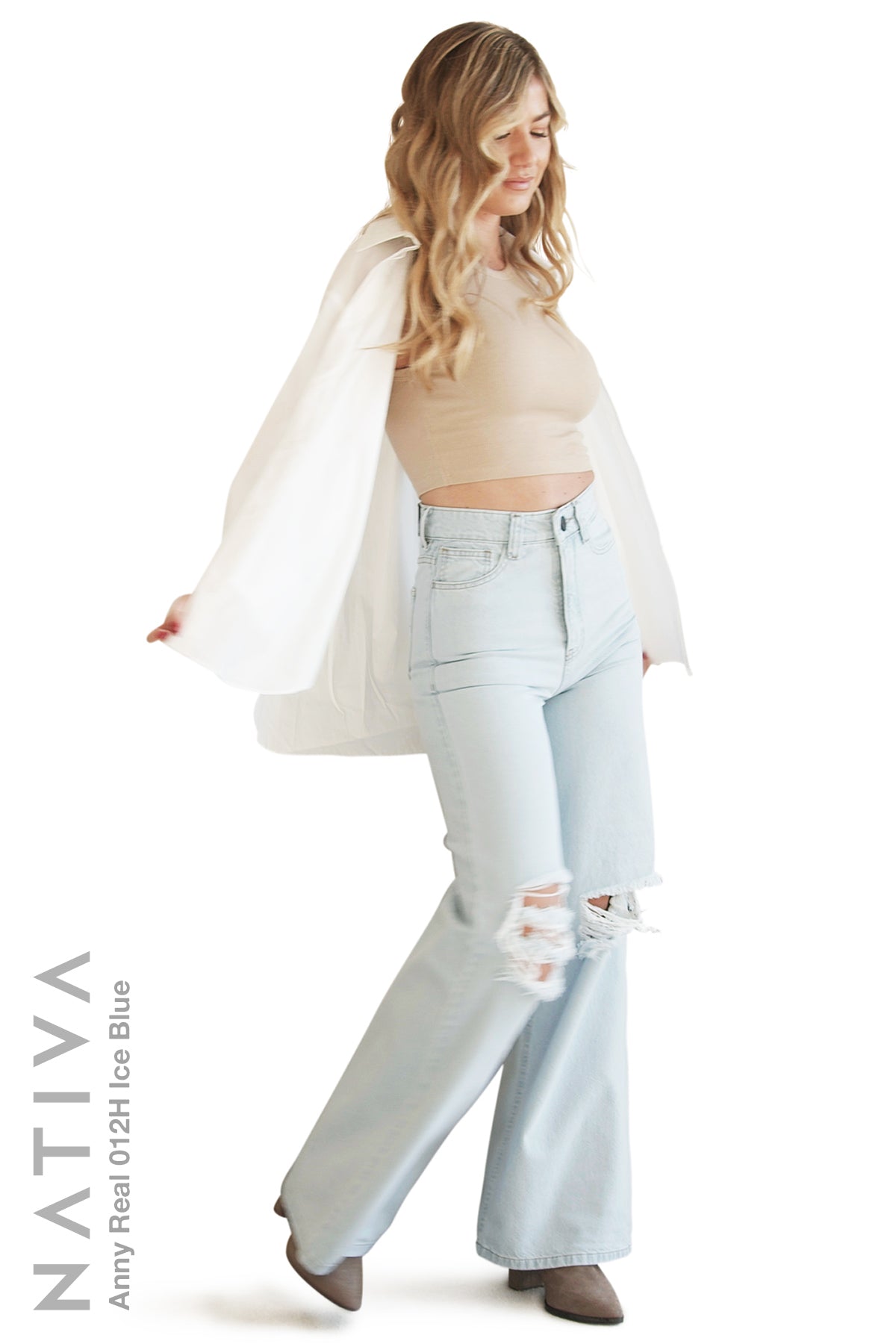NATIVA, RIGID JEANS. ANNY REAL 012H ICE BLUE, High-Rise Palazzo Jeans 100% True Denim Native Virgin Cotton Ideal Comfort Relaxed Fit