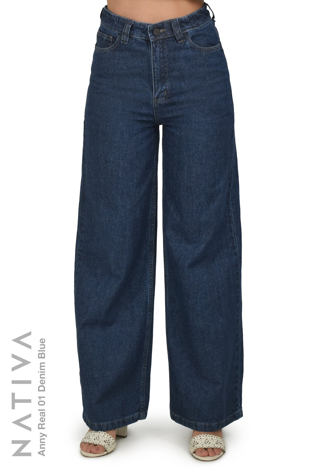 NATIVA, RIGID JEANS. ANNY REAL 01 DENIM BLUE, High-Rise Palazzo Jeans 100% True Denim Native Virgin Cotton Ideal Comfort Relaxed Fit