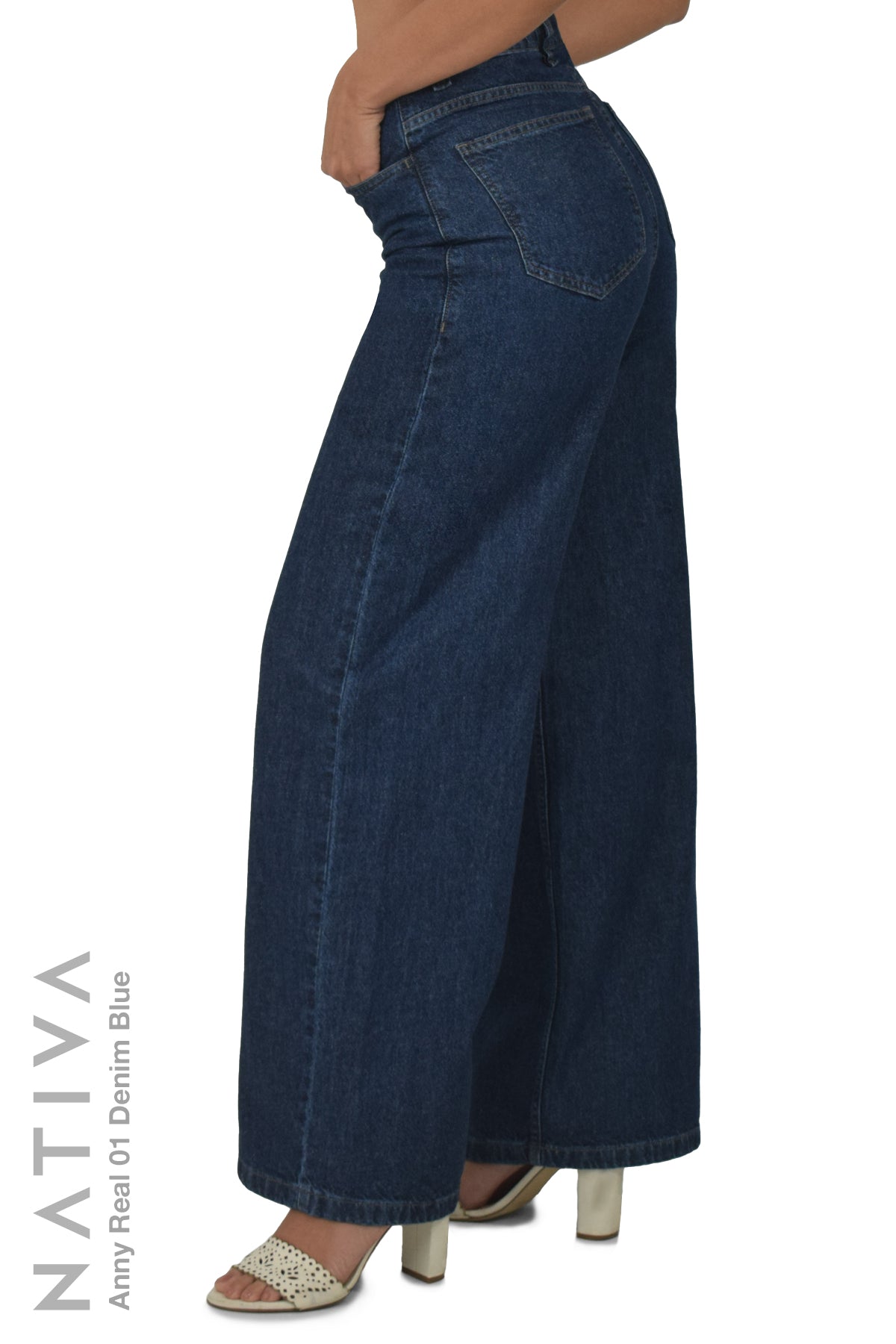 NATIVA, RIGID JEANS. ANNY REAL 01 DENIM BLUE, High-Rise Palazzo Jeans 100%  True Denim Native Virgin Cotton Ideal Comfort Relaxed Fit
