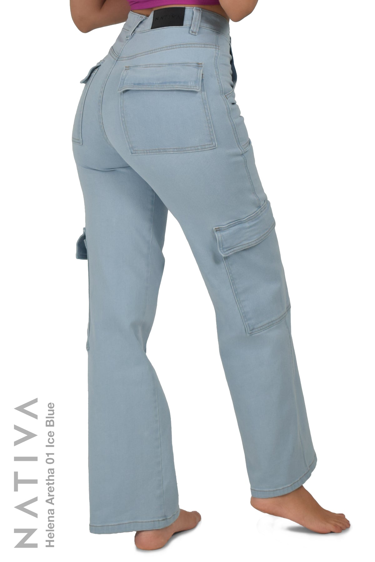 NATIVA, STRETCH JEANS. HELENA ARETHA 01 ICE BLUE, High-Rise Denim Cargo Jeans ESFD (Extreme Stretch Flattering Denim) Fabric Casual Look Slim Fit on The Hips Solid Color