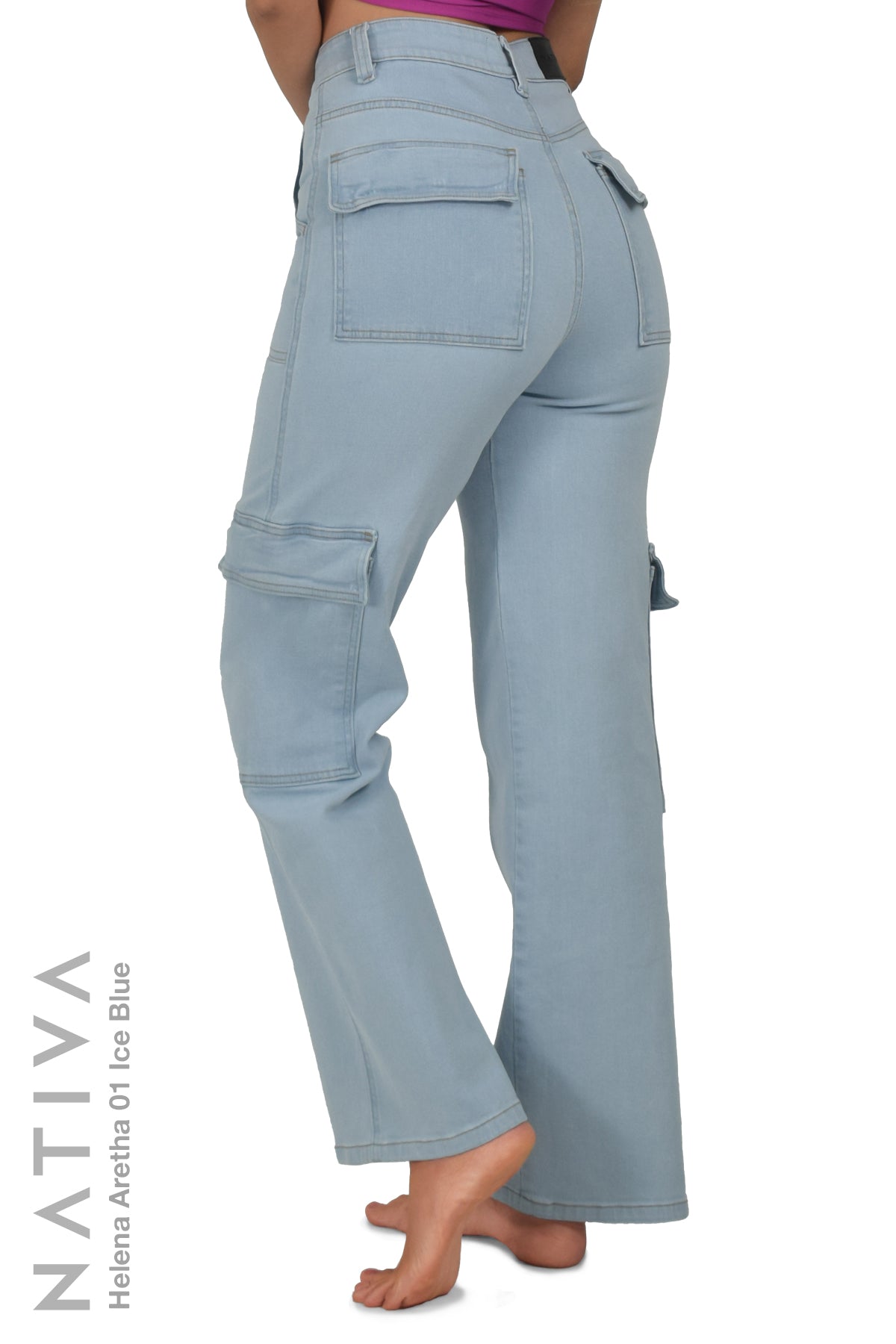 NATIVA, STRETCH JEANS. HELENA ARETHA 01 ICE BLUE, High-Rise Denim Cargo Jeans ESFD (Extreme Stretch Flattering Denim) Fabric Casual Look Slim Fit on The Hips Solid Color