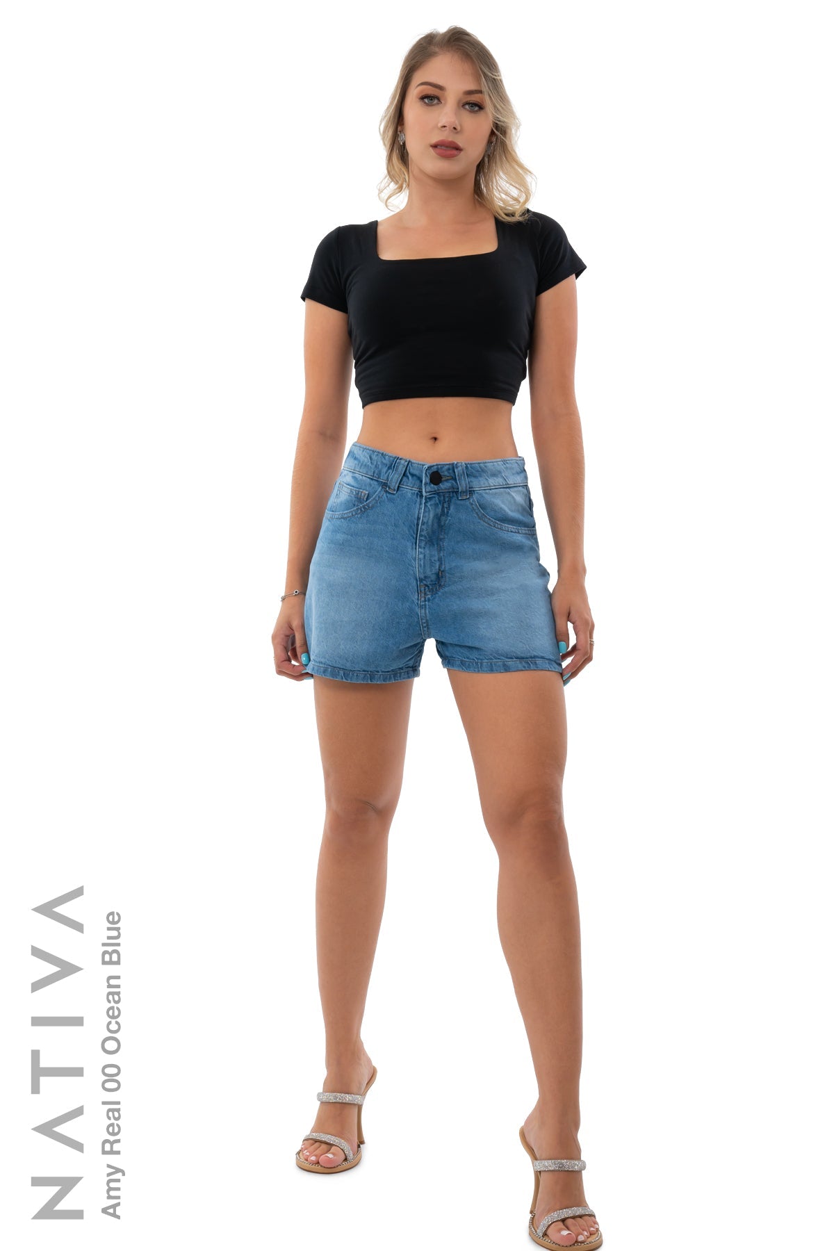 NATIVA, RIGID JEANS. AMY REAL 01 OCEAN BLUE, Authentic & Extra Durable, Hi-Rise Relaxed Mom Shorts