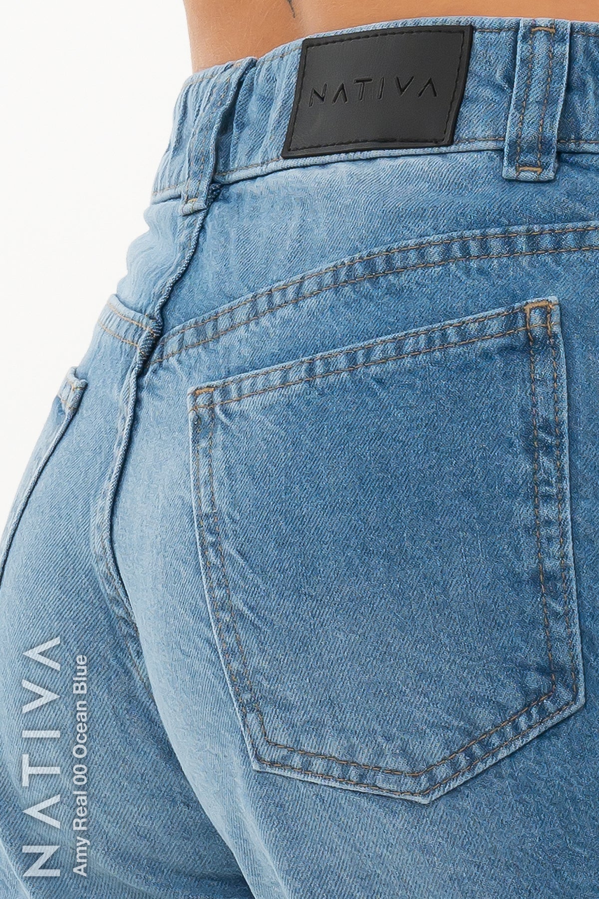 NATIVA, RIGID JEANS. AMY REAL 01 OCEAN BLUE, Authentic & Extra Durable, Hi-Rise Relaxed Mom Shorts