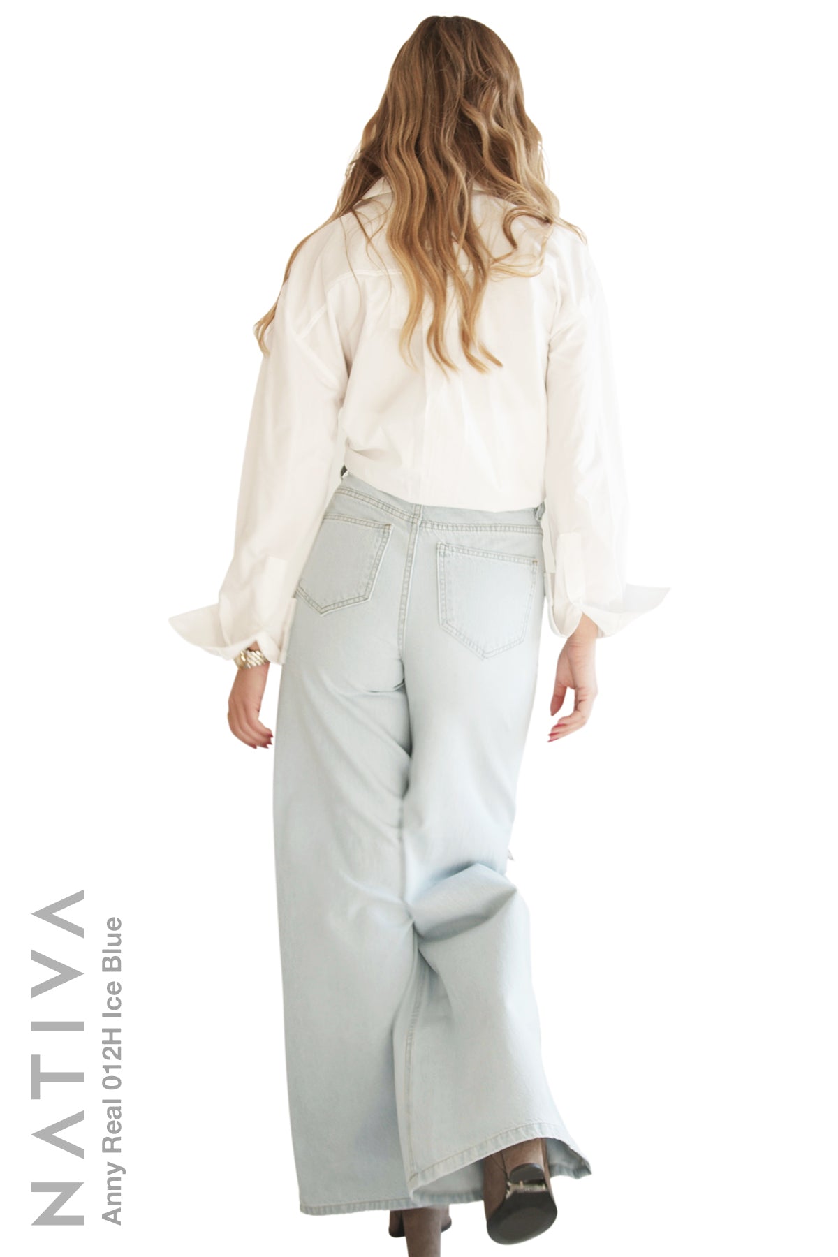 NATIVA, RIGID JEANS. ANNY REAL 012H ICE BLUE, High-Rise  Palazzo Jeans 100% True Denim  Native Virgin Cotton Ideal Comfort  Relaxed Fit