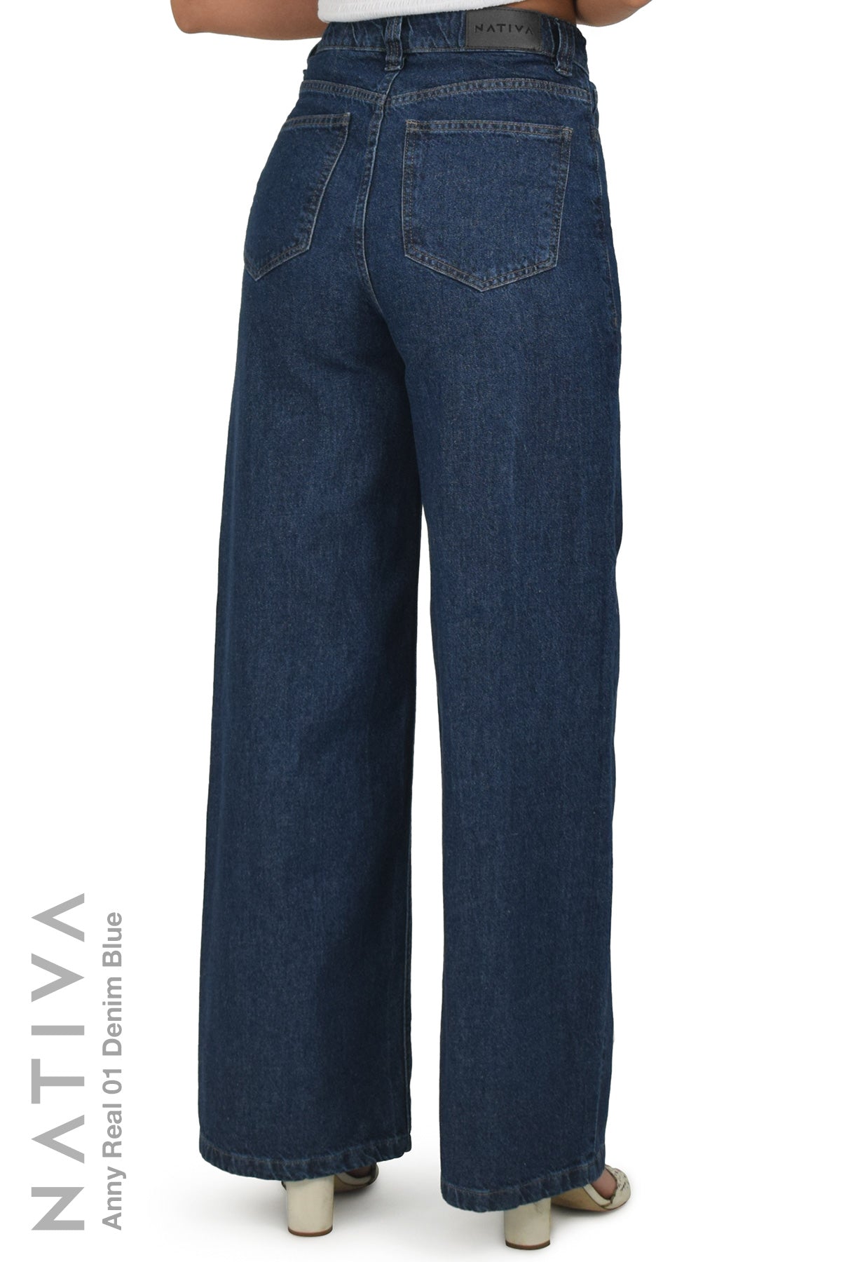 NATIVA, RIGID JEANS. ANNY REAL 01 DENIM BLUE, High-Rise  Palazzo Jeans 100% True Denim  Native Virgin Cotton Ideal Comfort  Relaxed Fit