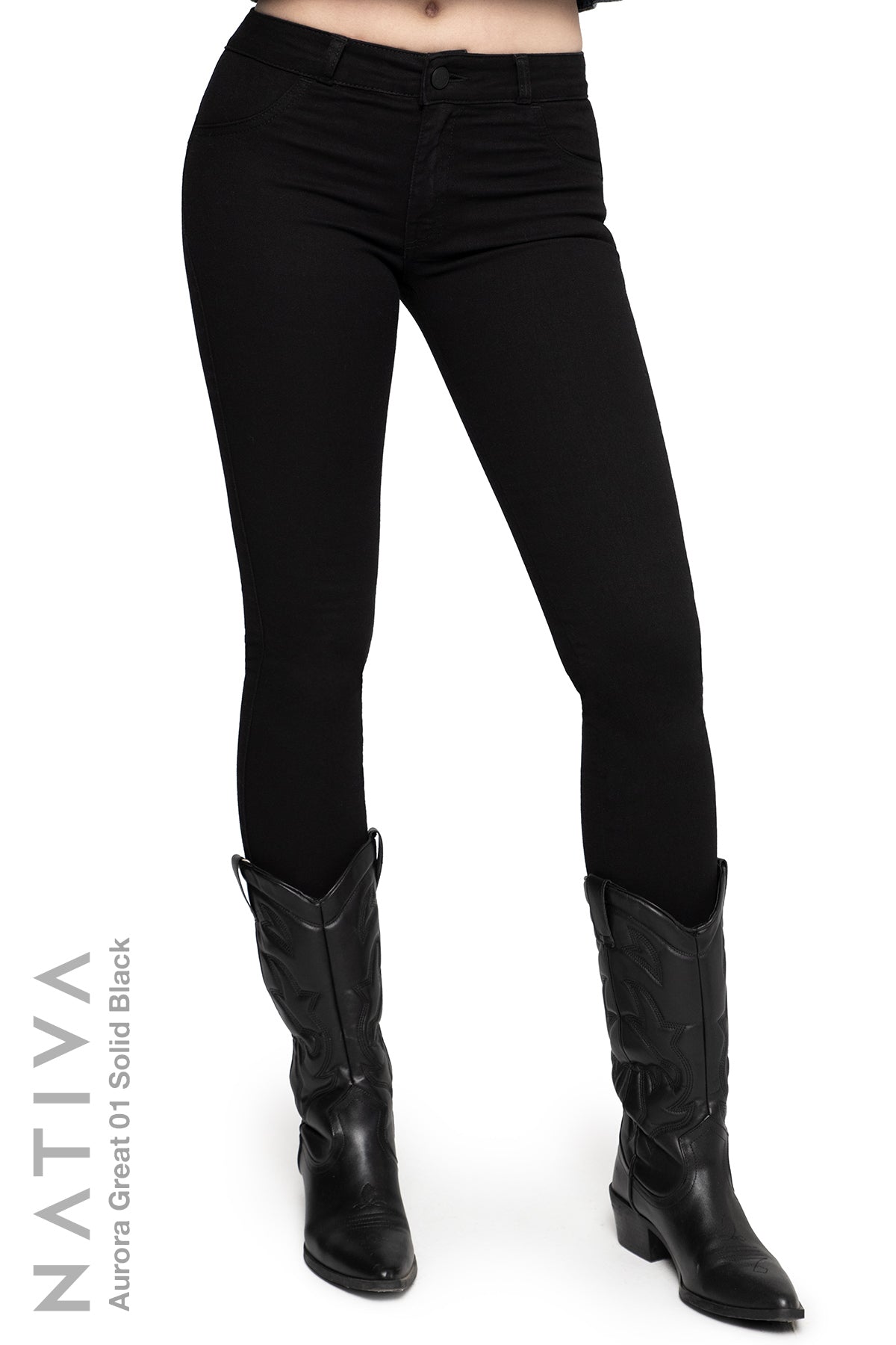 NATIVA, STRETCH JEANS. AURORA GREAT 01 BLACK, High Shaping Capacity, All-Season Wear, Mid-Waisted Super Skinny Jeans