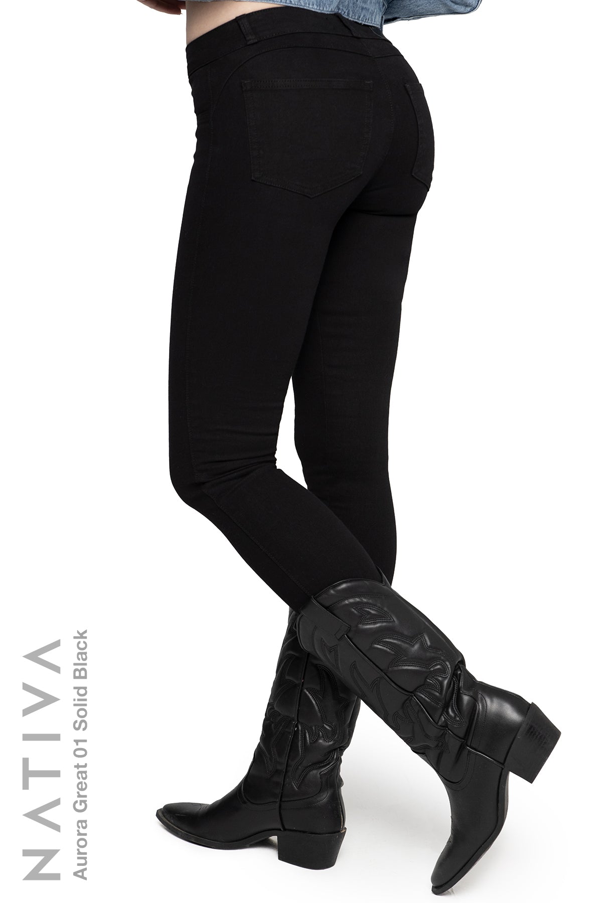 NATIVA, STRETCH JEANS. AURORA GREAT 01 BLACK, High Shaping Capacity, All-Season Wear, Mid-Waisted Super Skinny Jeans