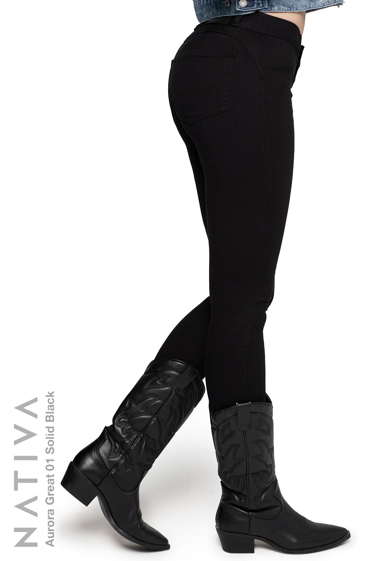 NATIVA, STRETCH JEANS. AURORA GREAT 01 BLACK, High Shaping Capacity, All-Season Wear, Mid-Waisted Super Skinny Jeans