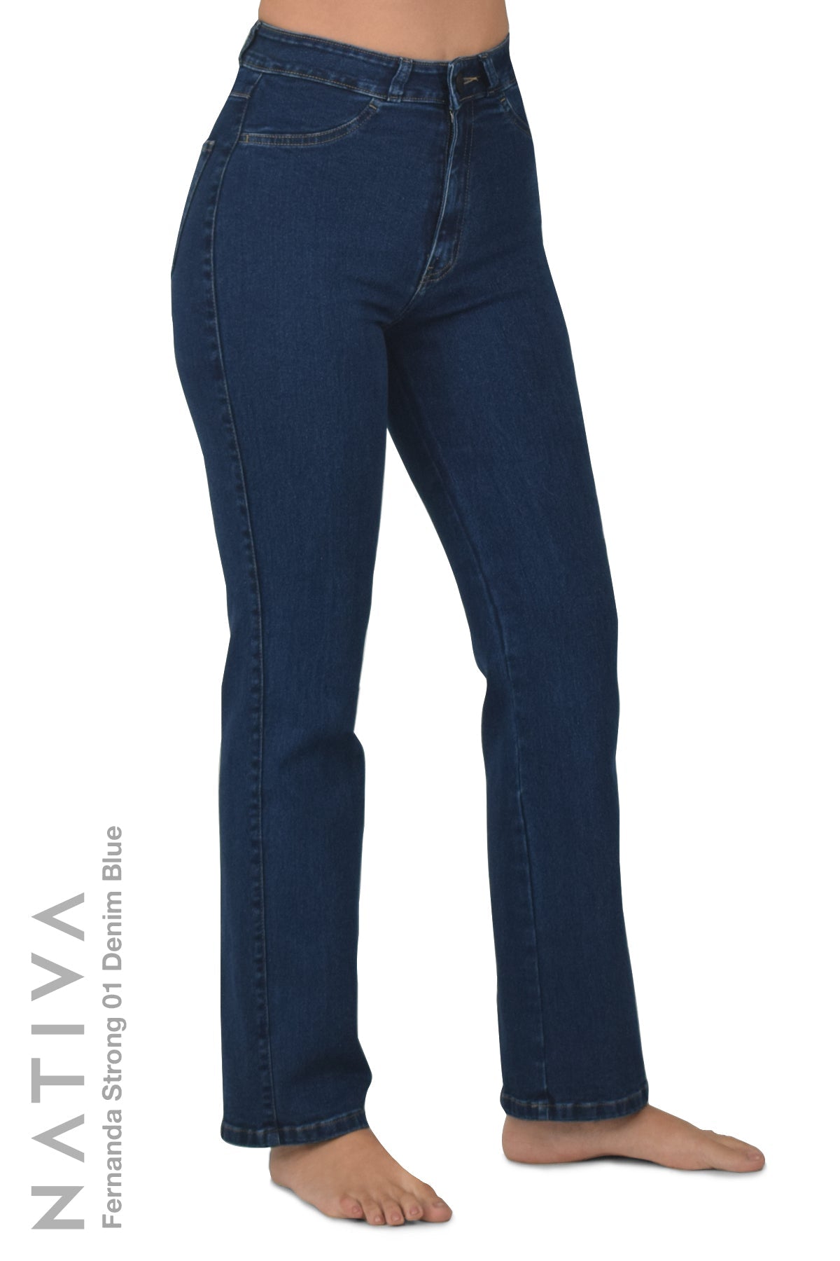 NATIVA, STRETCH JEANS. FERNANDA STRONG 01 DENIM BLUE, High-Rise Fitted Classic Straight Leg Jeans  ESFD (Extreme Stretch Flattering  Denim) Fabric Ideal Comfort  Slightly Fitted on The Hips Solid  Color