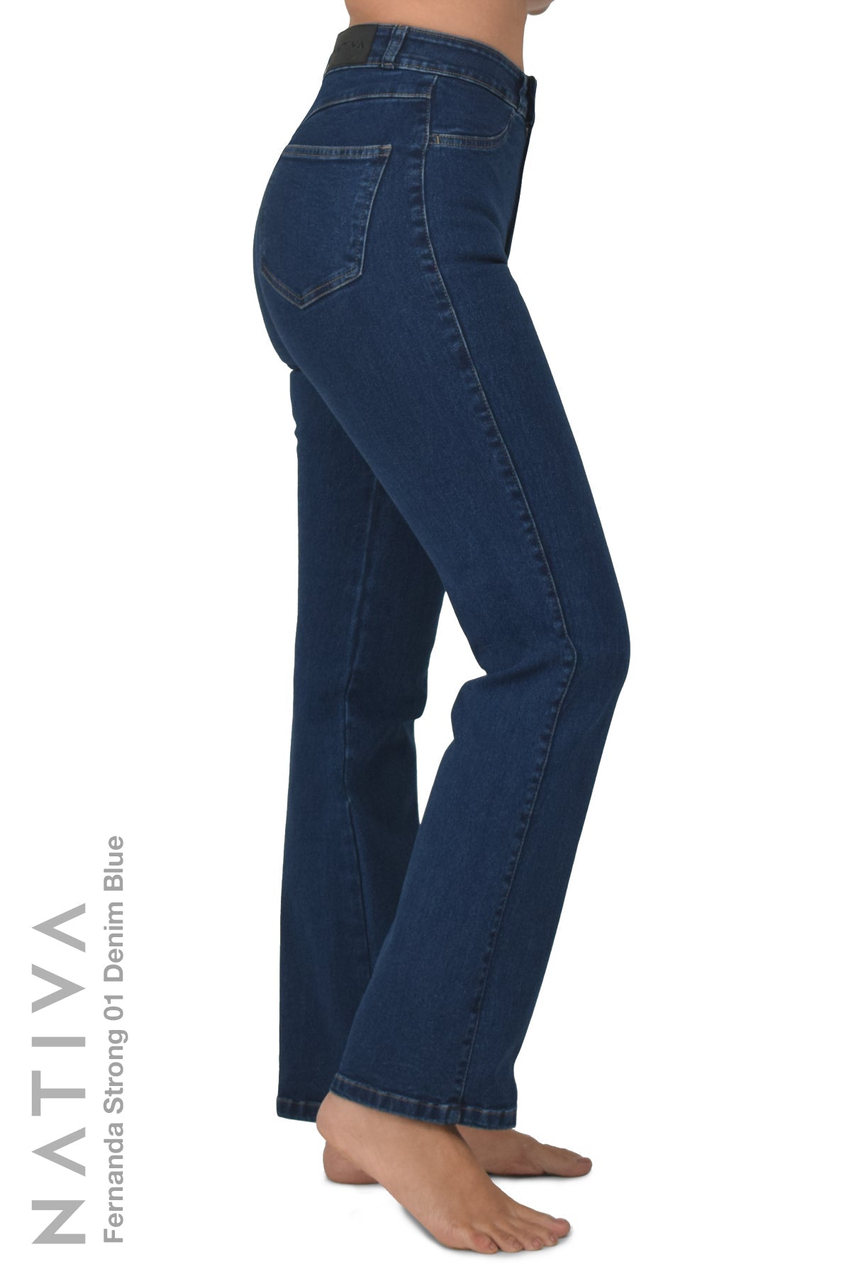NATIVA, STRETCH JEANS. FERNANDA STRONG 01 DENIM BLUE, High-Rise Fitted Classic Straight Leg Jeans  ESFD (Extreme Stretch Flattering  Denim) Fabric Ideal Comfort  Slightly Fitted on The Hips Solid  Color