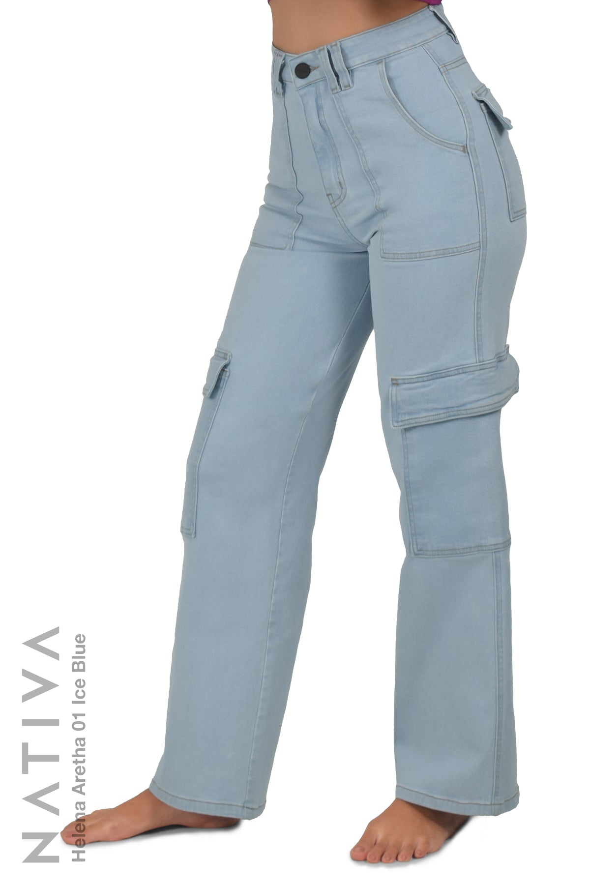 NATIVA, STRETCH JEANS. HELENA ARETHA 01 ICE BLUE, High-Rise  Denim Cargo Jeans ESFD (Extreme  Stretch Flattering Denim) Fabric  Casual Look Slim Fit on The Hips  Solid Color