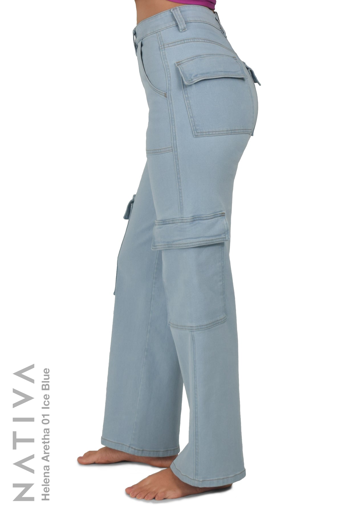 NATIVA, STRETCH JEANS. HELENA ARETHA 01 ICE BLUE, High-Rise  Denim Cargo Jeans ESFD (Extreme  Stretch Flattering Denim) Fabric  Casual Look Slim Fit on The Hips  Solid Color