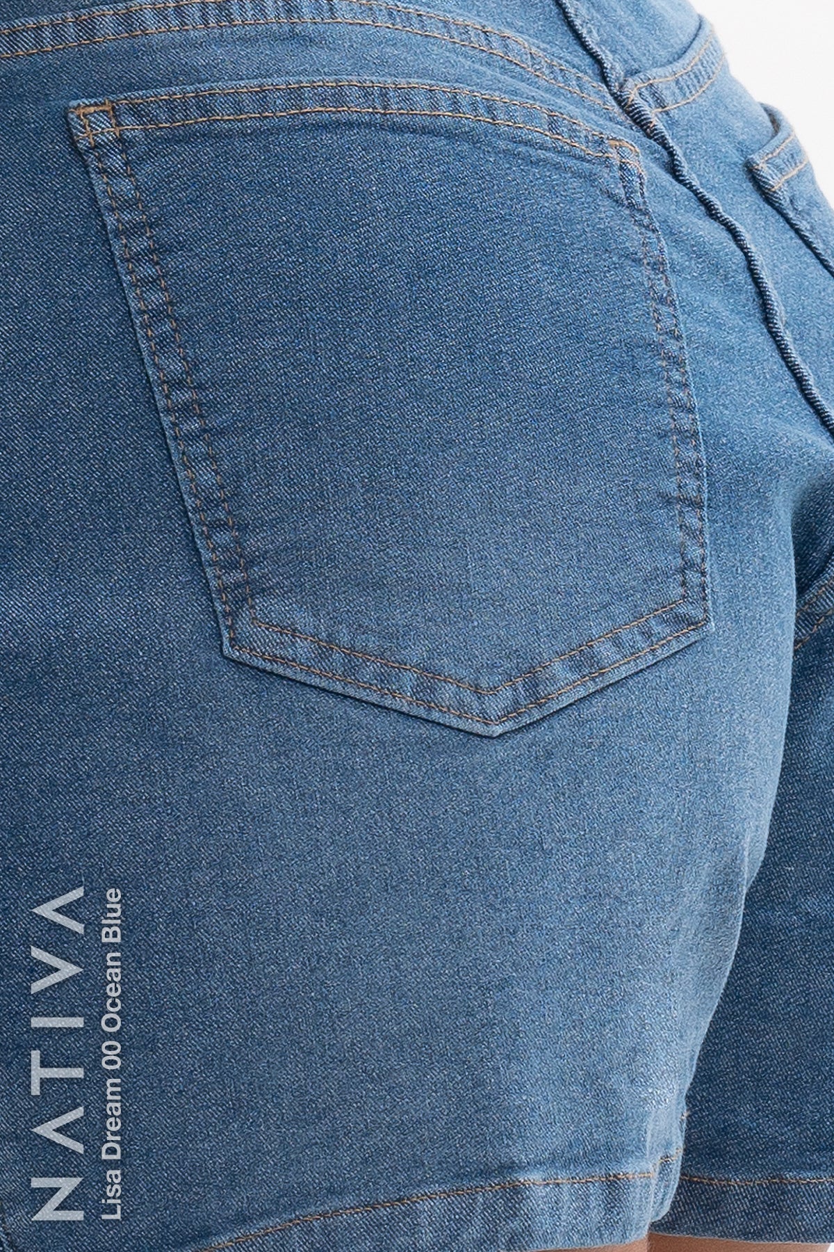 NATIVA, STRETCH JEANS. LISA DREAM 00 OCEAN BLUE, Extreme Stretch Flattering Denim (ESFD) fabrics, Ultra Comfortable, Hi-Rise Relaxed Mom Shorts