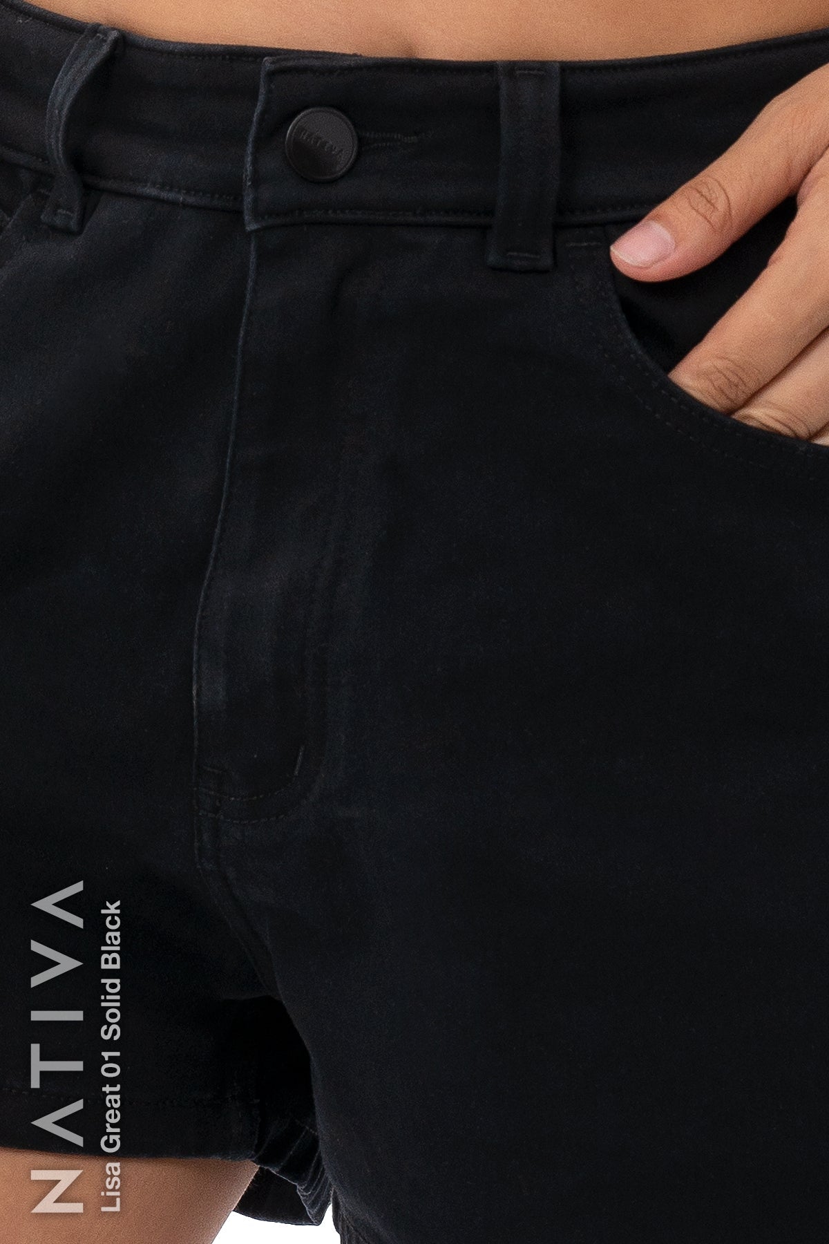 NATIVA, STRETCH JEANS. LISA GREAT 01 BLACK, Extreme Stretch Flattering Denim (ESFD) fabrics, High Shaping Capacity, Hi-Rise Relaxed Mom Shorts