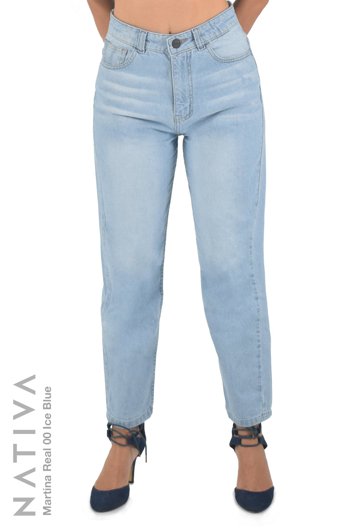 NATIVA, RIGID JEANS. MARTINA REAL 01 ICE BLUE, 100% True Denim Native Virgin Cotton, Ideal Comfort, Hi-Rise Relaxed Mom Jeans