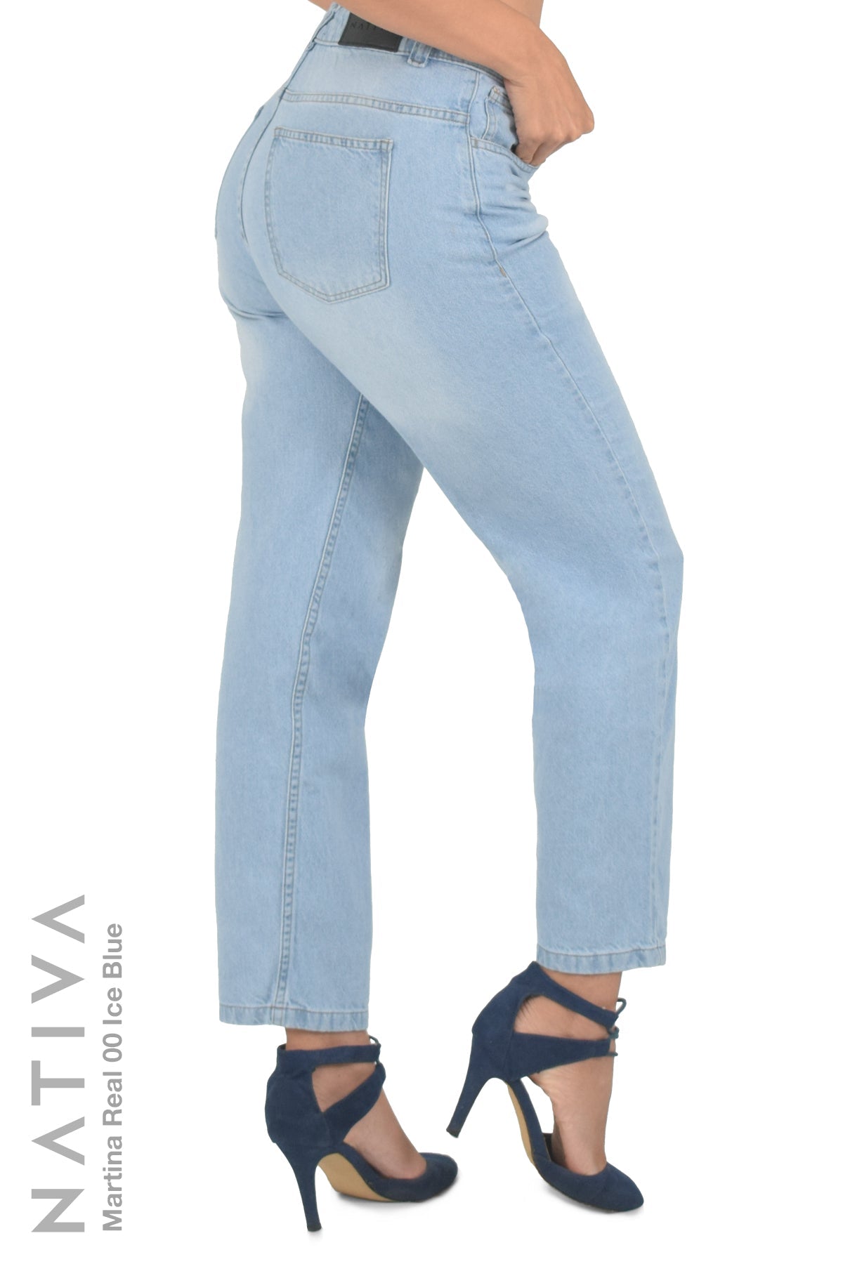 NATIVA, RIGID JEANS. MARTINA REAL 01 ICE BLUE, 100% True Denim Native Virgin Cotton, Ideal Comfort, Hi-Rise Relaxed Mom Jeans