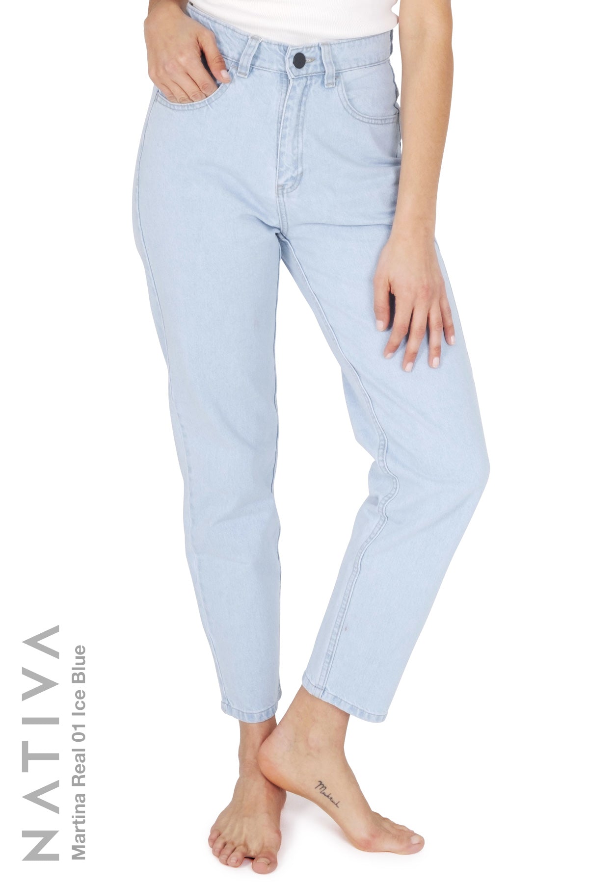 NATIVA, RIGID JEANS. MARTINA REAL 01 ICE BLUE, 100% True Denim Native Virgin Cotton, Ideal Comfort, Hi-Rise Relaxed Mom Jeans