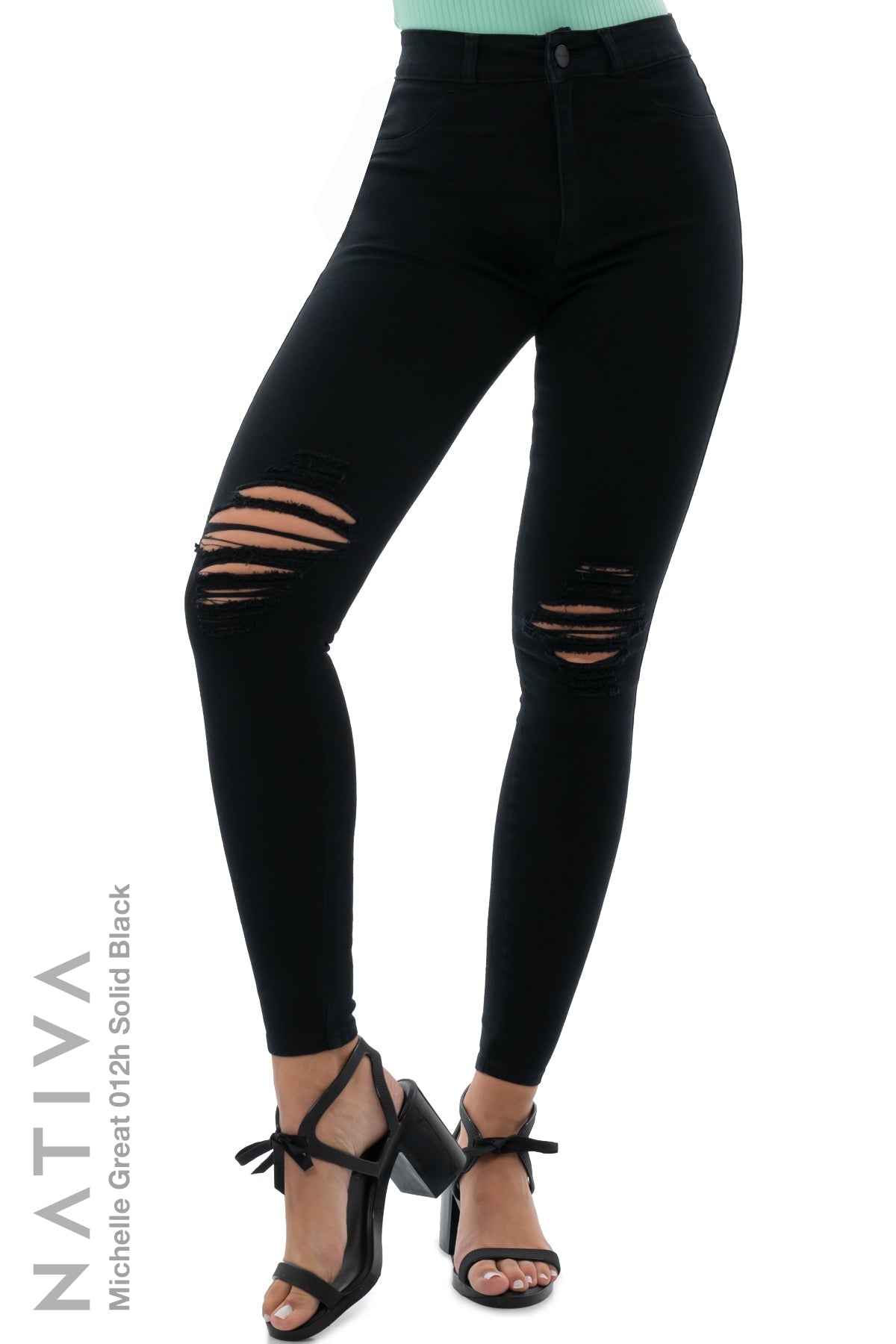 NATIVA, STRETCH JEANS. MICHELLE GREAT 012H BLACK, High Shaping Capacity, All-Season Wear, Hi-Rise Distressed Super Skinny Jeans