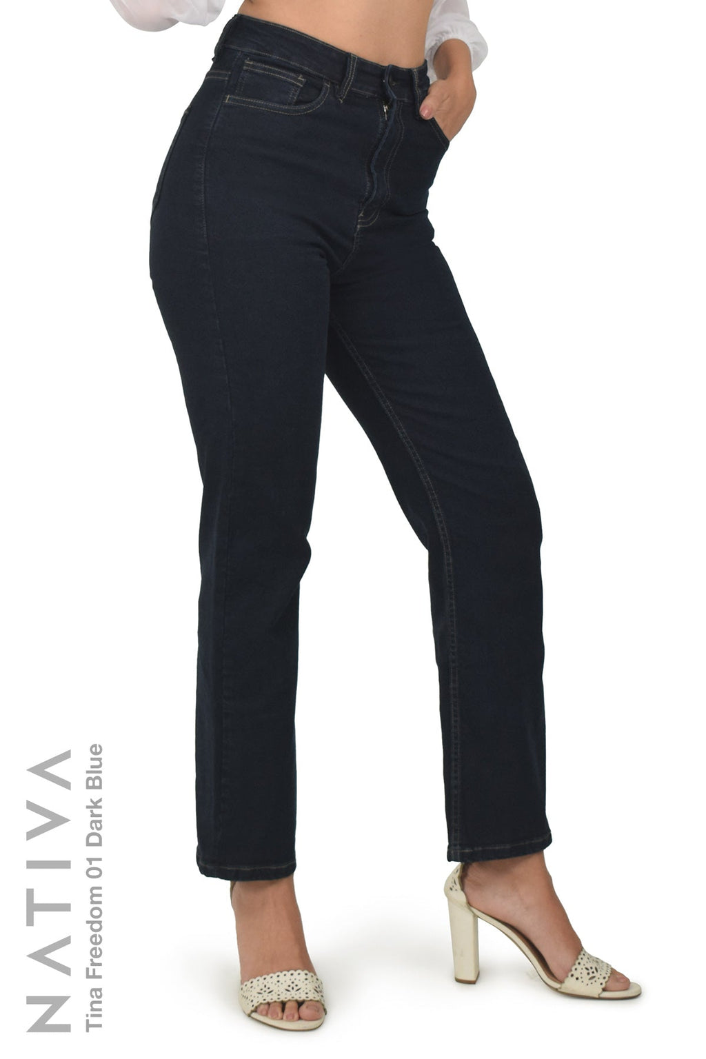 NATIVA,STRETCH JEANS, TINA FREEDOM 01 DARK BLUE. High-Rise Classic Straight  Leg Jeans ESFD (Extreme Stretch Flattering Denim) Fabric Ultra Comfortable  Relaxed Fit Solid Color