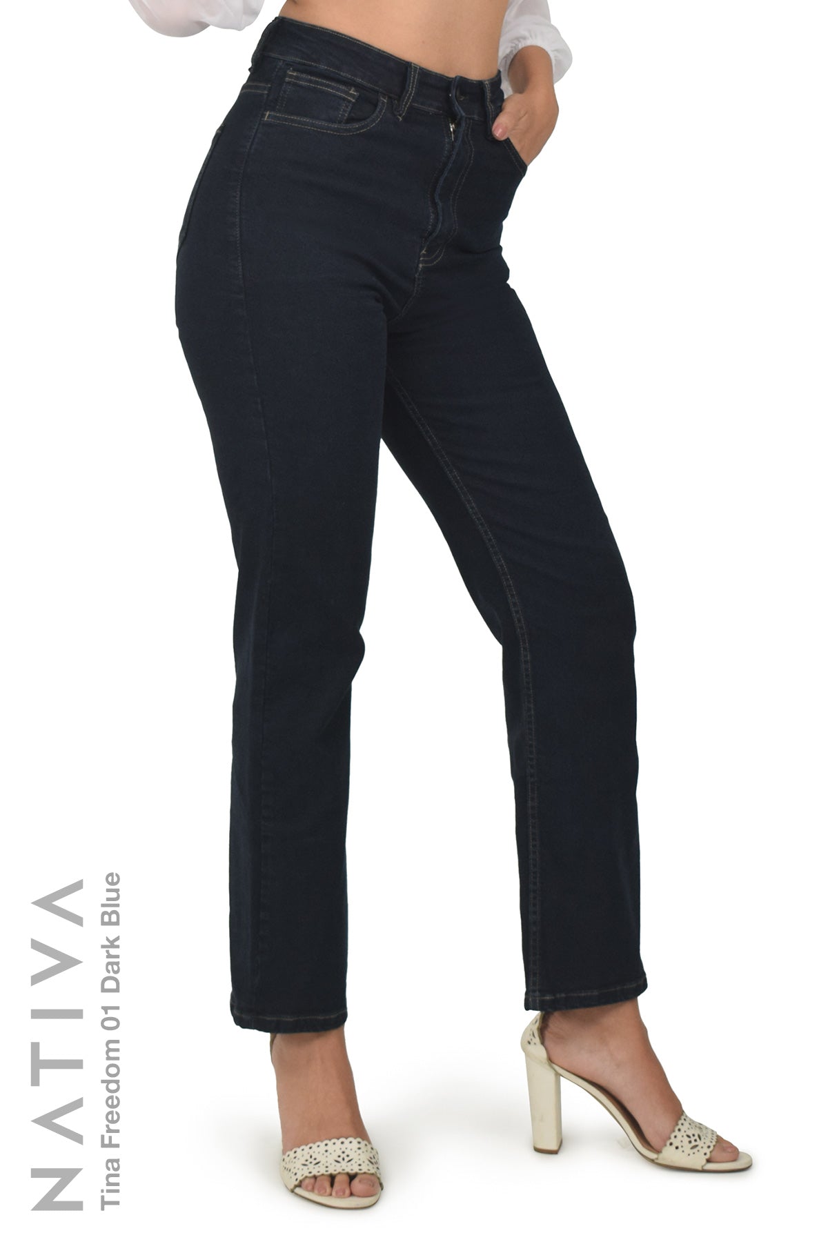 NATIVA,STRETCH JEANS, TINA FREEDOM 01 DARK BLUE. High-Rise  Classic Straight Leg Jeans ESFD  (Extreme Stretch Flattering Denim)  Fabric Ultra Comfortable Relaxed Fit  Solid Color