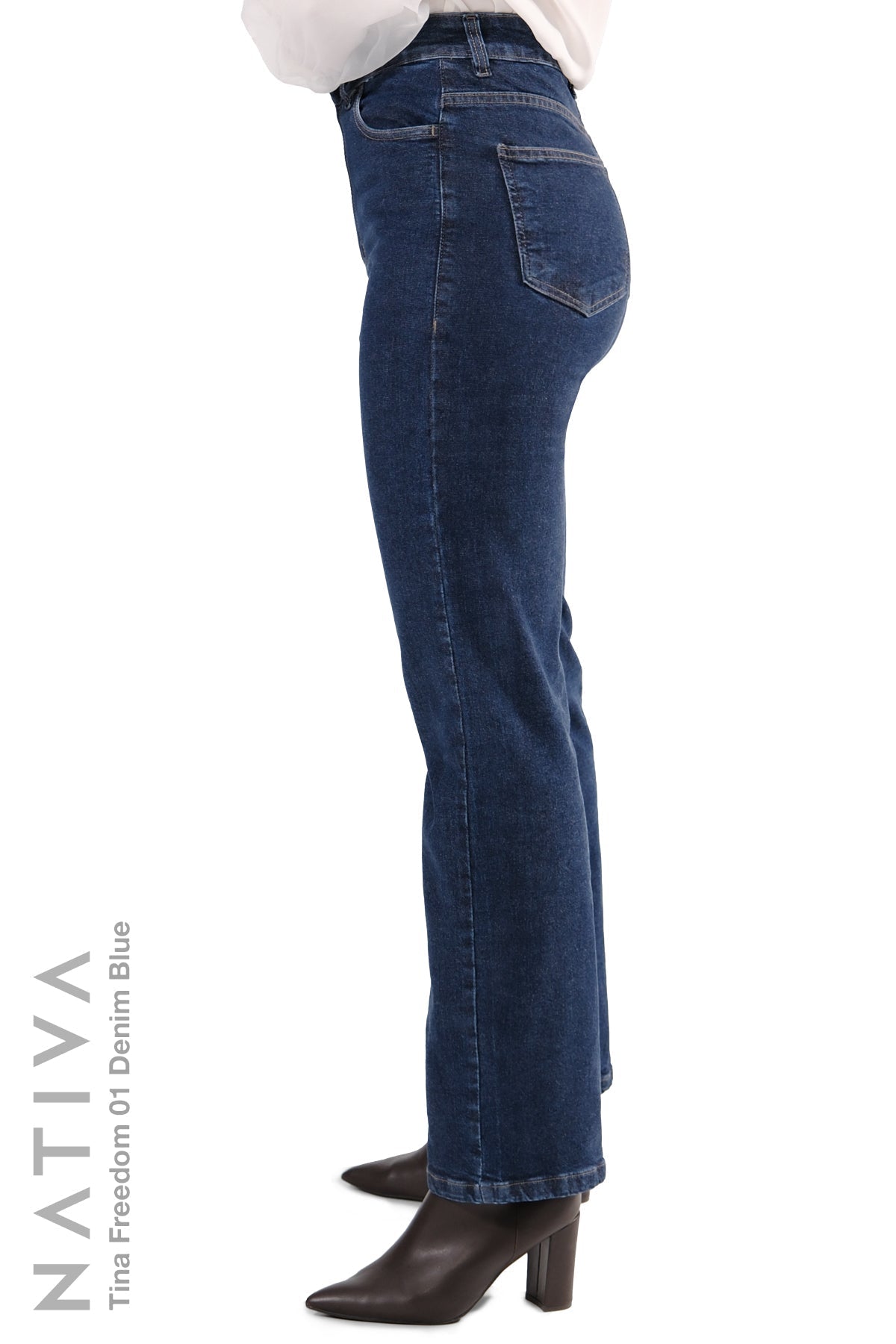 NATIVA,STRETCH JEANS, TINA FREEDOM 01 DENIM BLUE. High-Rise  Classic Straight Leg Jeans ESFD  (Extreme Stretch Flattering Denim)  Fabric Ultra Comfortable Relaxed Fit  Solid Color