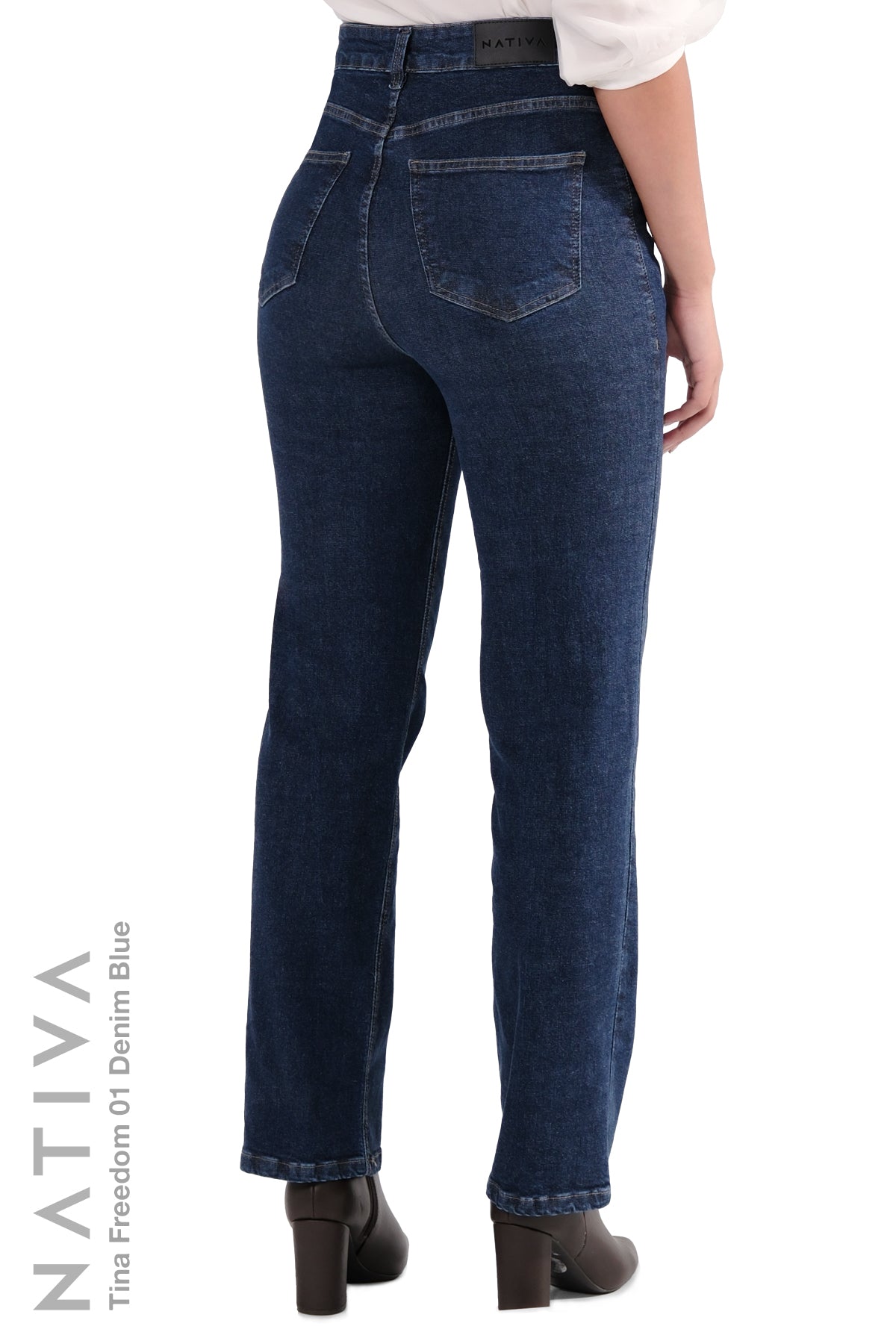 NATIVA,STRETCH JEANS, TINA FREEDOM 01 DENIM BLUE. High-Rise  Classic Straight Leg Jeans ESFD  (Extreme Stretch Flattering Denim)  Fabric Ultra Comfortable Relaxed Fit  Solid Color