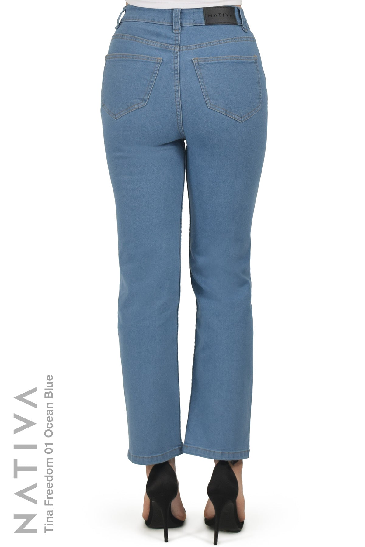 NATIVA,STRETCH JEANS, TINA FREEDOM 01 OCEAN BLUE. High-Rise  Classic Straight Leg Jeans ESFD  (Extreme Stretch Flattering Denim)  Fabric Ultra Comfortable Relaxed Fit  Solid Color